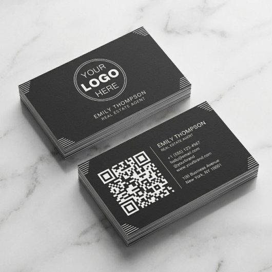ブラック ミニマル アートデコ QR コード レイアウト 名刺