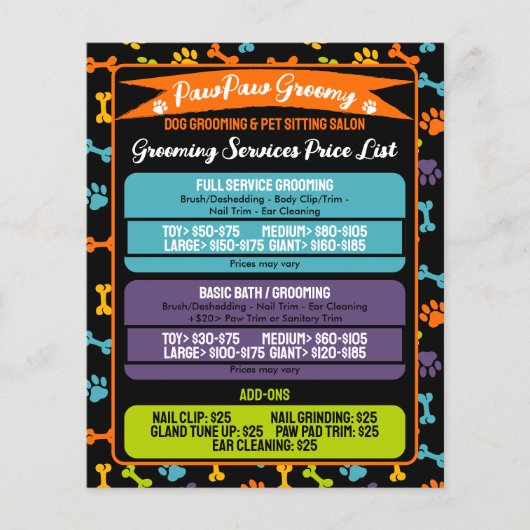 ブラック ミニマル モダン パウズ ドッグ グルーミング 料金表 チラシ (正面)