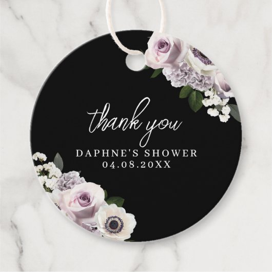 ブラック ムーディー アネモネ & パープル フローラル ブライダル シャワー フェイバータグ (正面)