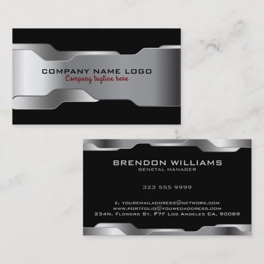 ブラック&メタリックシルバー幾何デザイン 名刺 (正面/裏面)