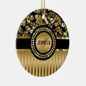 ブラック&メタリック金ゴールドフローラのマスクとストライプ セラミックオーナメント (右)