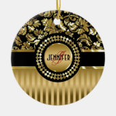 ブラック&メタリック金ゴールドフローラのマスクとストライプ セラミックオーナメント (正面)