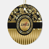 ブラック&メタリック金ゴールドフローラのマスクとストライプ セラミックオーナメント (左)