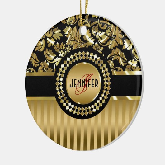 ブラック&メタリック金ゴールドフローラのマスクとストライプ セラミックオーナメント (左)