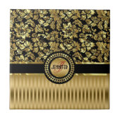 ブラック&メタリック金ゴールドフローラのマスクとストライプ タイル (正面)