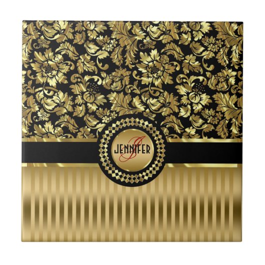 ブラック&メタリック金ゴールドフローラのマスクとストライプ タイル (正面)