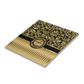 ブラック&メタリック金ゴールドフローラのマスクとストライプ タイル (側面)