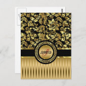 ブラック&メタリック金ゴールドフローラのマスクとストライプ ポストカード (正面/裏面)