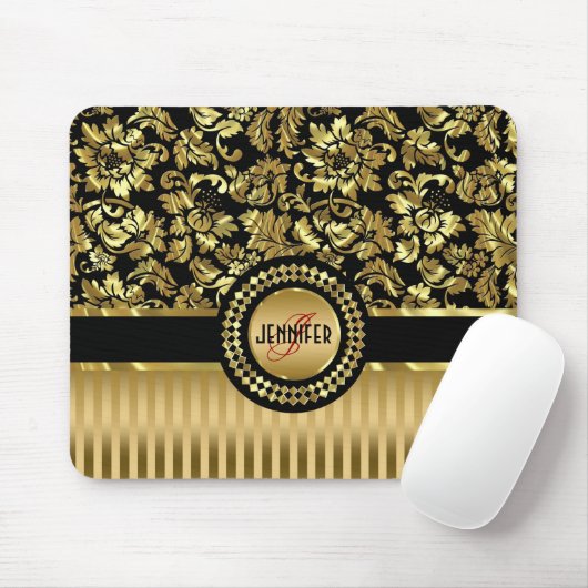ブラック&メタリック金ゴールドフローラのマスクとストライプ マウスパッド (マウス)
