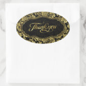 ブラック&メタリック金ゴールドフローラダンスクサンキュー 楕円形シール (バッグ)