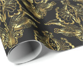 ブラック&メタリック金ゴールドルックフローラダマスパターン ラッピングペーパー (ロールコーナー)