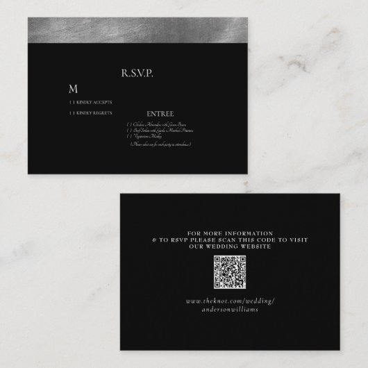 ブラック&メタリック銀婚式RSVP QRコード エンクロージャーカード (正面/裏面)