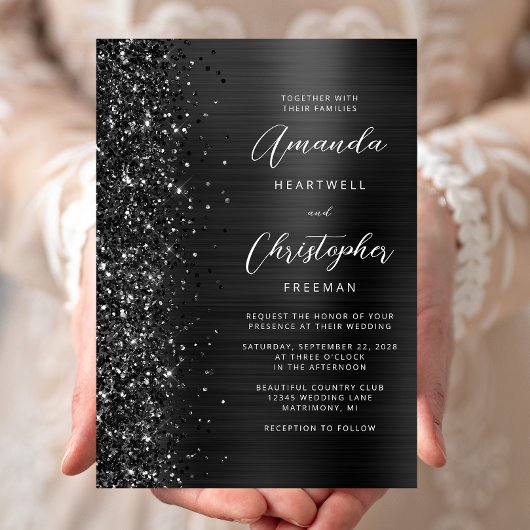 ブラック+メタリック+ラメ+モダンな結婚式 招待状