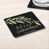 ブラック・メリークリスマスのホリーとベリー スクエアペーパーコースター (アングル)