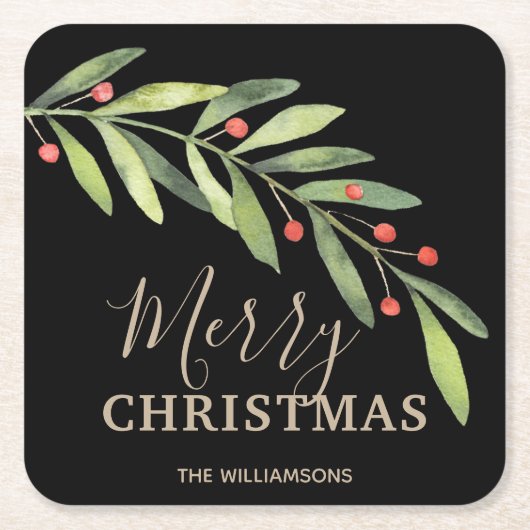 ブラック・メリークリスマスのホリーとベリー スクエアペーパーコースター (正面)