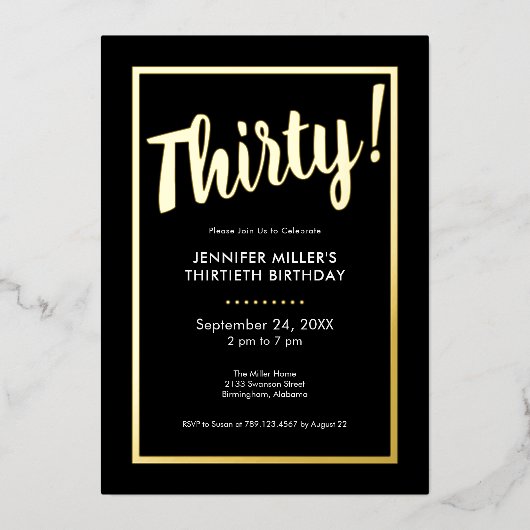ブラック&モダンゴールドフォイル30th誕生日 箔招待状 (正面)