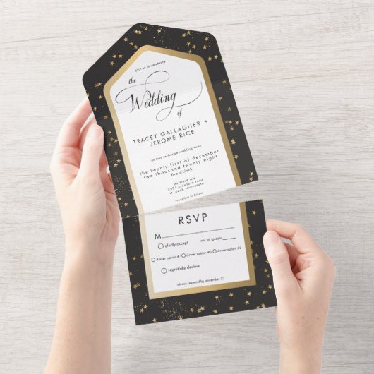 ブラック&モダンホワイトスター金ゴールドディナー オールインワン招待状 (貼ってはがせる)