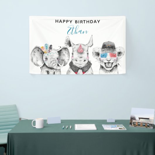 ブラック&モダンホワイトハンドドロードサファリ誕生日 横断幕 (トレードショー)