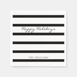 ブラック&モダンホワイトモノグラムストライプホテルハッピーホリデイ スタンダードカクテルナプキン