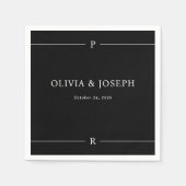 ブラック | モダン線とモノグラ結婚ム スタンダードカクテルナプキン (正面)