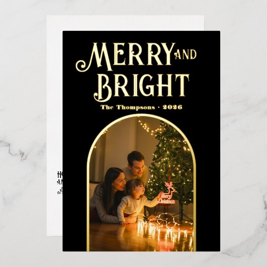 ブラック&モダン金ゴールドのクリスマスフォト 箔シーズンカード (正面/裏面)