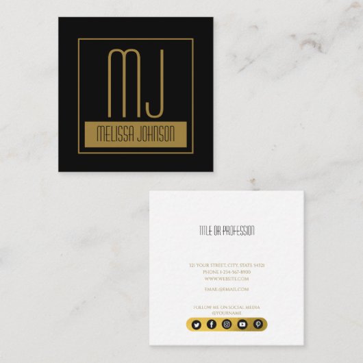 ブラック&モダン金ゴールドイニシャルモノグラムソーシャルメディア スクエア名刺 (正面/裏面)