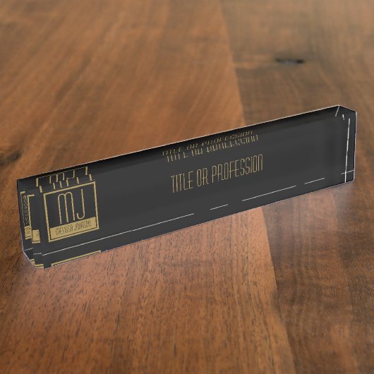ブラック&モダン金ゴールドイニシャルモノグラム デスクネームプレート (側面)