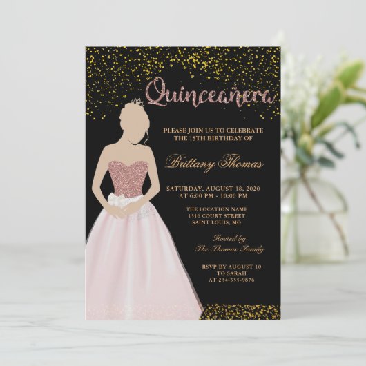 ブラック&モダン金ゴールドキンセアニェラ15誕生日 招待状 (スタンド正面)