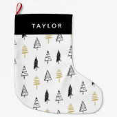 ブラック&モダン金ゴールドクリスマスツリーパーソナライズされた ラージクリスマスストッキング (正面)