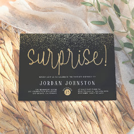 ブラック&モダン金ゴールドスクリプトサプライズ誕生日パーティー 招待状