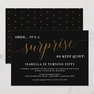 ブラック&モダン金ゴールドスクリプトサプライズ誕生日パーティー 招待状