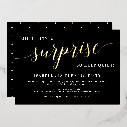 ブラック&モダン金ゴールドスクリプトサプライズ誕生日パーティー 箔招待状 (正面/裏面)