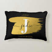 ブラック&モダン金ゴールドスクリプトモノグラムイニシャル アクセントクッション (裏面)