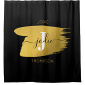 ブラック&モダン金ゴールドスクリプトモノグラムイニシャル シャワーカーテン (正面)