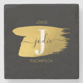 ブラック&モダン金ゴールドスクリプトモノグラムイニシャル ストーンコースター (正面)