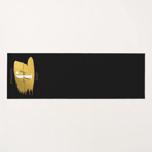 ブラック&モダン金ゴールドスクリプトモノグラムイニシャル ヨガマット (正面(横))