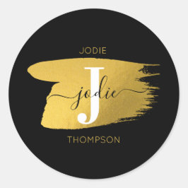 ブラック&モダン金ゴールドスクリプトモノグラムイニシャル ラウンドシール