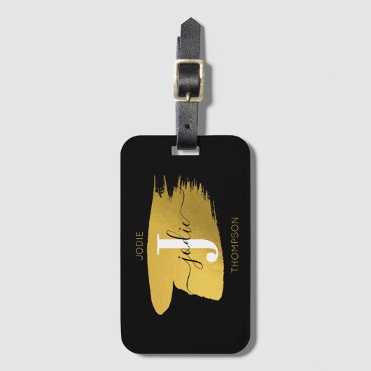 ブラック&モダン金ゴールドスクリプトモノグラムイニシャル ラゲッジタグ (正面縦)