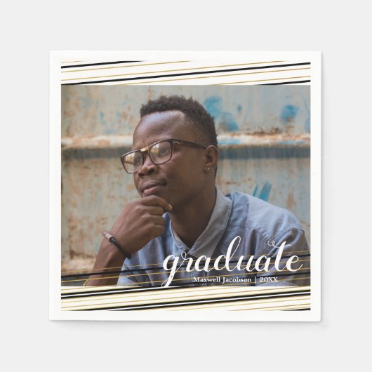 ブラック&モダン金ゴールドストライプ院生パーティーナプキンス スタンダードカクテルナプキン (正面)