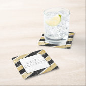 ブラック&モダン金ゴールドスノーフレークストライプズホリデイ スクエアペーパーコースター (インサイチュ)