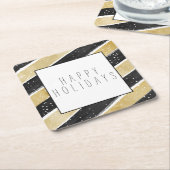 ブラック&モダン金ゴールドスノーフレークストライプズホリデイ スクエアペーパーコースター (アングル)