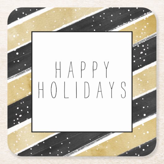 ブラック&モダン金ゴールドスノーフレークストライプズホリデイ スクエアペーパーコースター (正面)