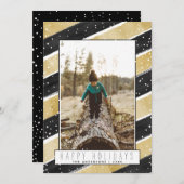 ブラック&モダン金ゴールドスノーフレークスホリデークリスマス シーズンカード (正面/裏面)