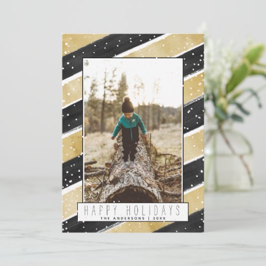 ブラック&モダン金ゴールドスノーフレークスホリデークリスマス シーズンカード (スタンド正面)