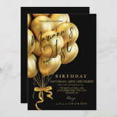 ブラック&モダン金ゴールドバルーンボーバースデーパーティー 招待状 (正面/裏面)
