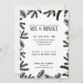 ブラック&モダン金ゴールドパインアンドベリーズホリデーパーティー 招待状 (正面)