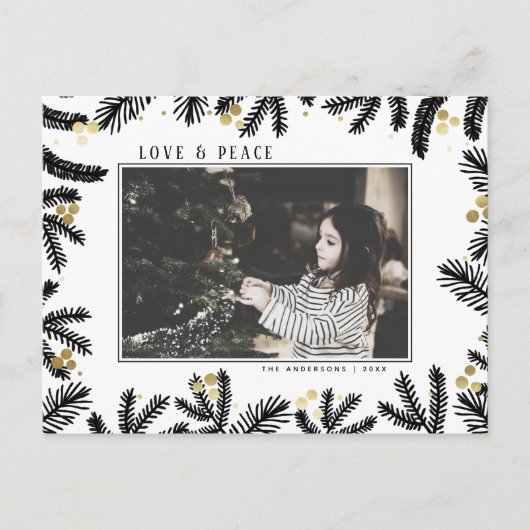 ブラック&モダン金ゴールドパイン&ベリーホリデイ シーズンポストカード (正面)