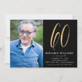 ブラック&モダン金ゴールドフォト60thバースデーパーティー 招待状 (正面)