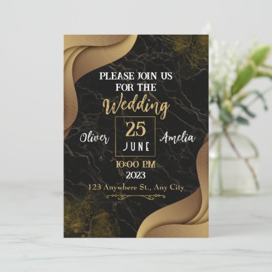 ブラック&モダン金ゴールドマーブル結婚ズデザイン 招待状 (スタンド正面)