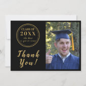 ブラック&モダン金ゴールド卒業写真ありがとう サンキューカード (正面)
